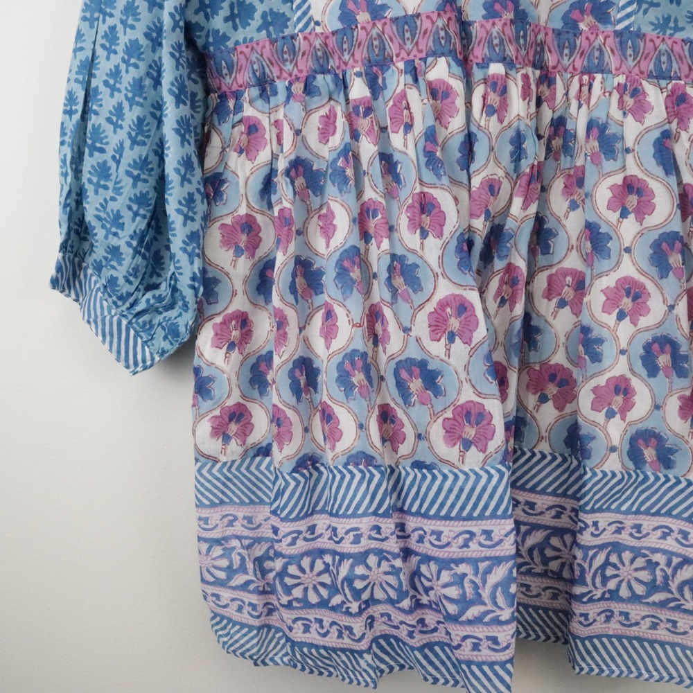 NWT Oliphant Tuckernuck Tie Front Balloon Mini Dress Iris Blue Block Print Large - Picture 5 of 10